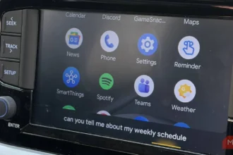 Gemini AI assistant in Android Auto showing voice command interface on car display