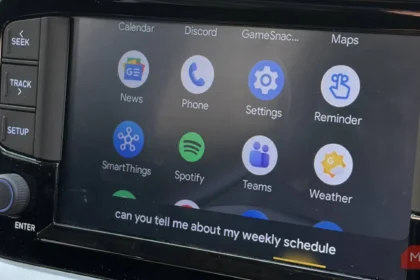 Gemini AI assistant in Android Auto showing voice command interface on car display