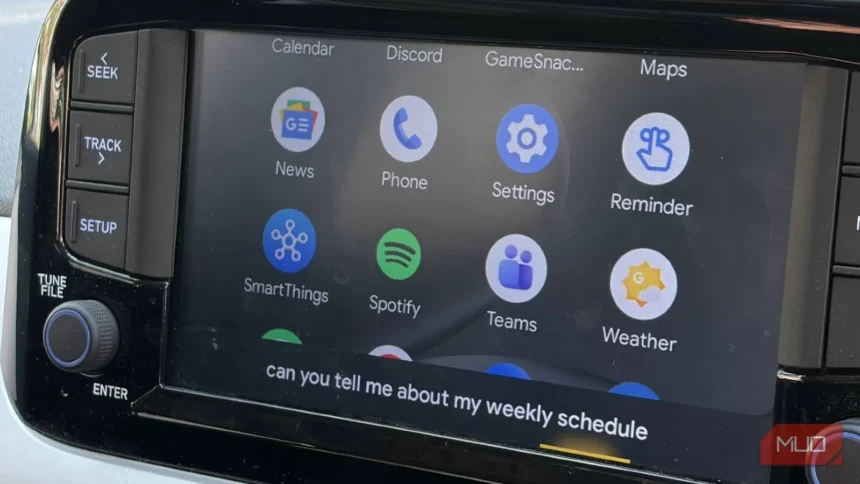 Gemini AI assistant in Android Auto showing voice command interface on car display