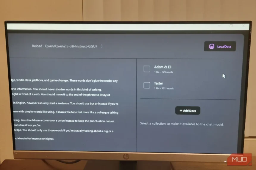 GPT4All local LLM interface running on a desktop computer with LocalDocs feature visible showing private offline AI