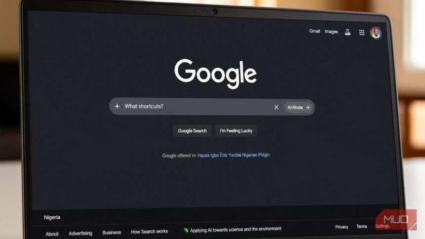 Google homepage with new AI search box and AI Mode button