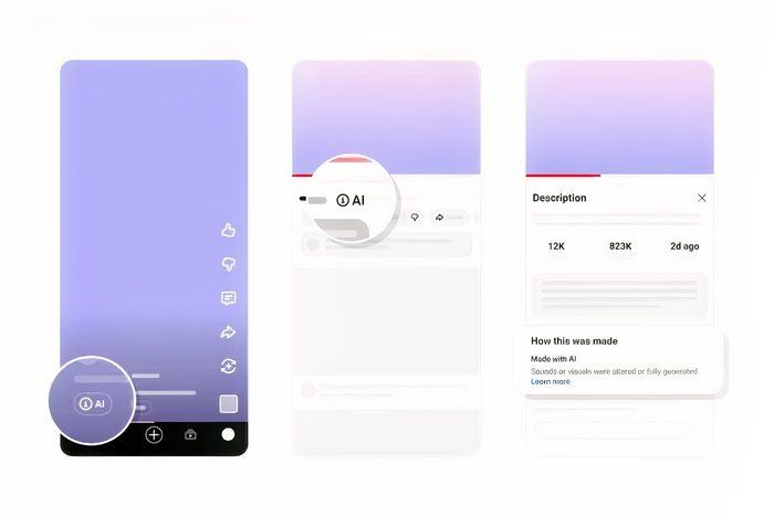 YouTube mobile app showing AI label disclosure with Altered or Synthetic content indicator and description panel