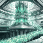 Futuristic stock exchange interior with digital trading infrastructure and AI data flows