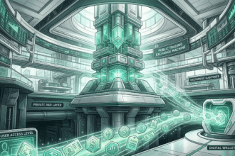 Futuristic stock exchange interior with digital trading infrastructure and AI data flows