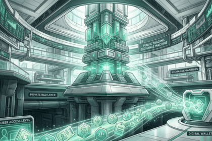 Futuristic stock exchange interior with digital trading infrastructure and AI data flows