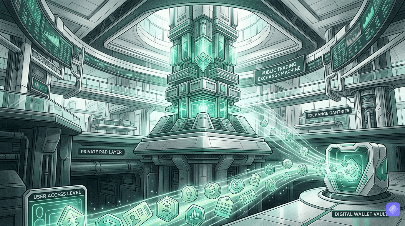 Futuristic stock exchange interior with digital trading infrastructure and AI data flows