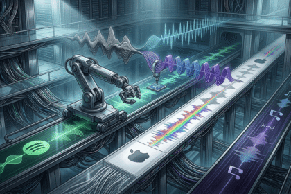 Audio waveform analysis tool identifying AI-generated tracks on streaming platforms
