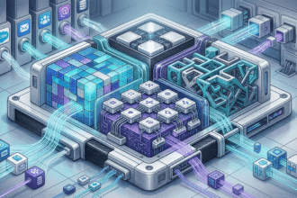 Isometric diagram comparing automation platform architectures with connected modules and data flows