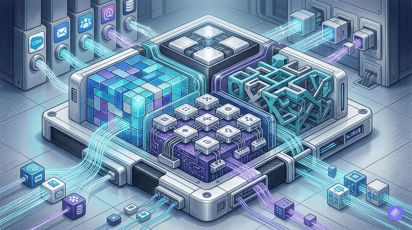 Isometric diagram comparing automation platform architectures with connected modules and data flows