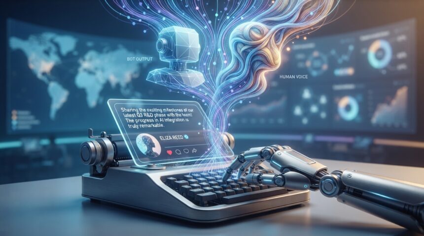 Editorial illustration depicting social media content generation through AI with comparison of different platforms and engagement metrics