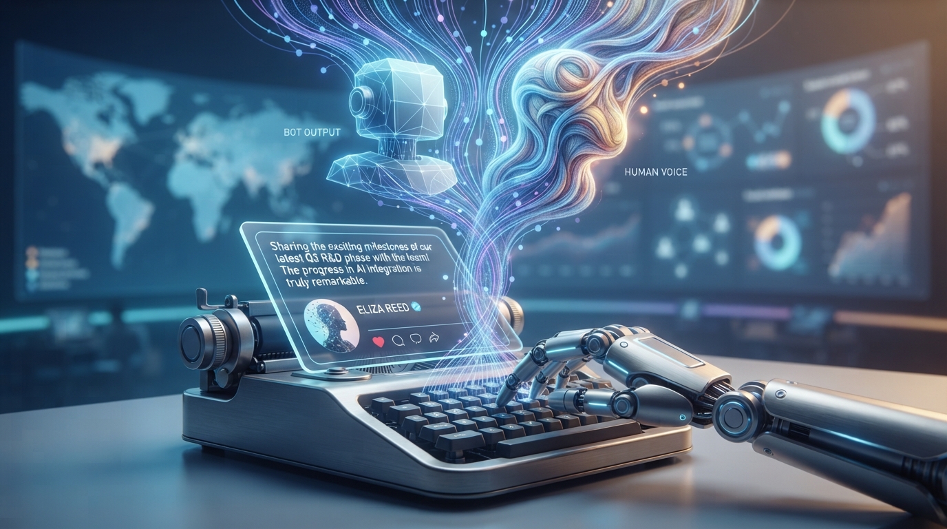 Editorial illustration depicting social media content generation through AI with comparison of different platforms and engagement metrics