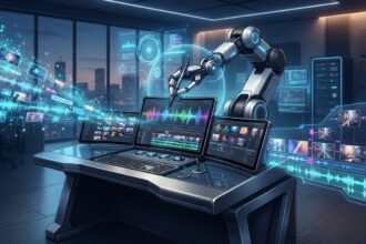 AI-powered video editing interface replacing traditional expensive software with automated tools