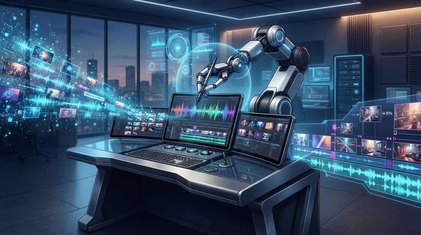 AI-powered video editing interface replacing traditional expensive software with automated tools