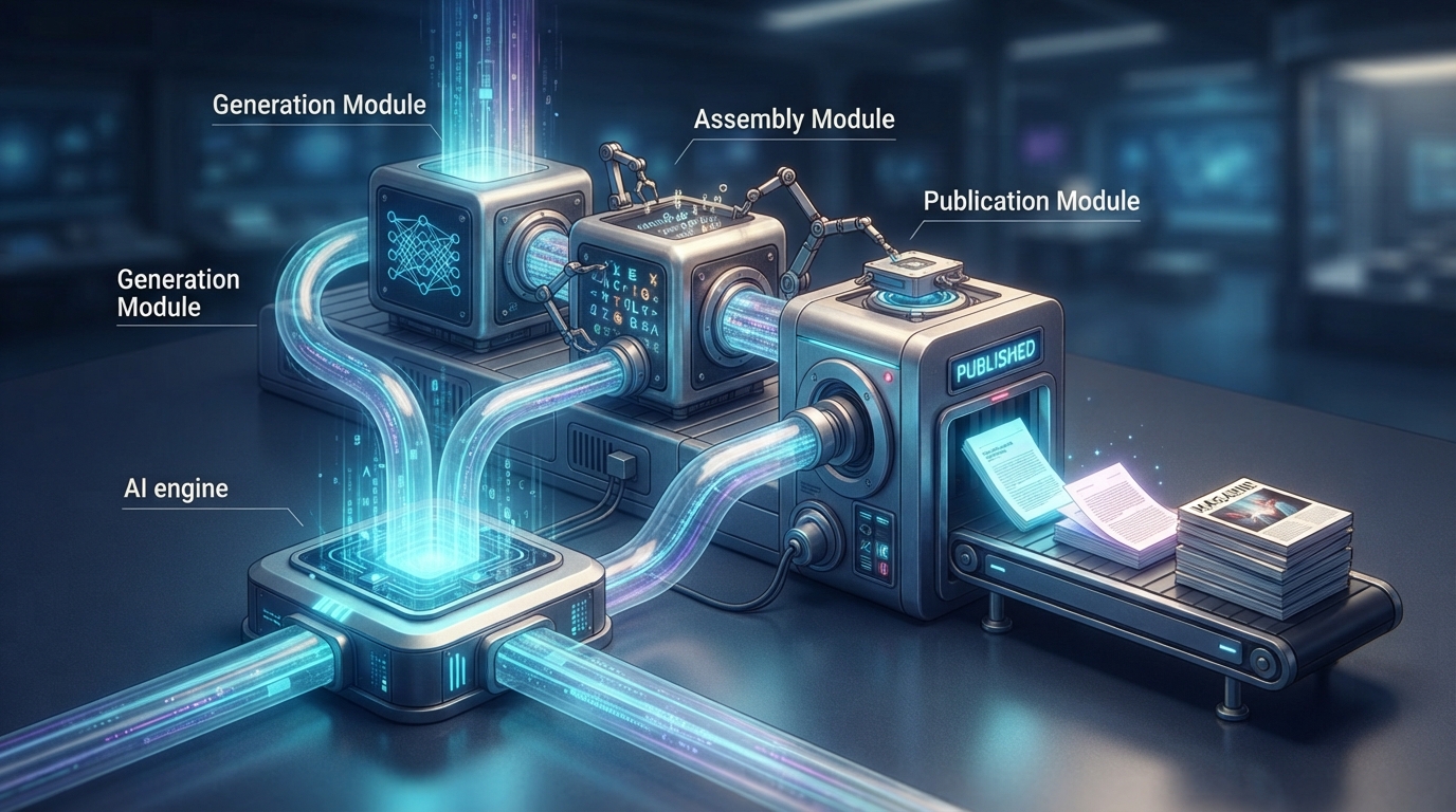 Editorial illustration showing a five-layer content automation pipeline with data, briefs, generation, QA, and distribution stages connected by workflow arrows