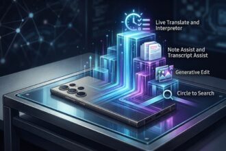 Samsung Galaxy phone displaying AI features menu with call assist, note assist, and photo assist options