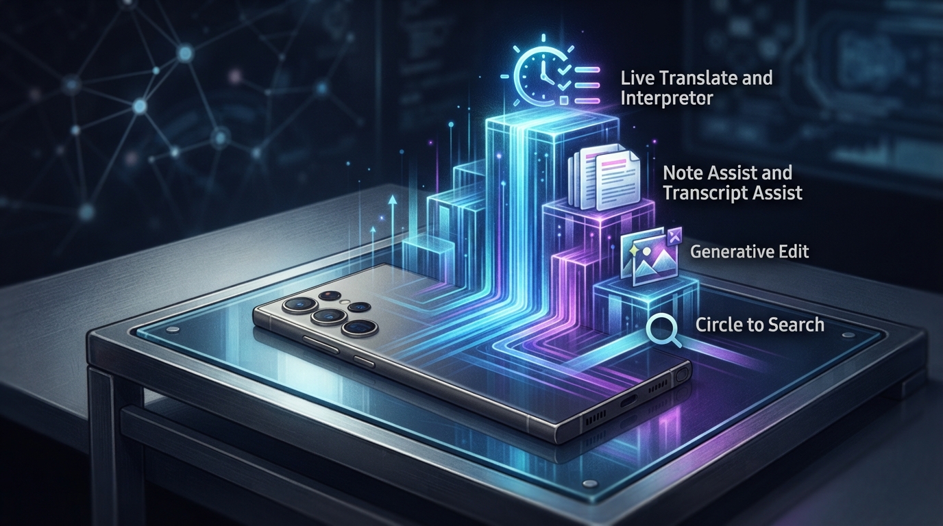 Samsung Galaxy phone displaying AI features menu with call assist, note assist, and photo assist options