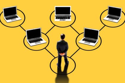 Illustration of a manager at the base of a network of laptops connected in a hierarchy, symbolizing oversight of a digital workforce of AI agents