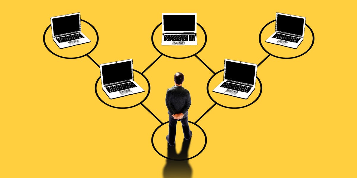 Illustration of a manager at the base of a network of laptops connected in a hierarchy, symbolizing oversight of a digital workforce of AI agents