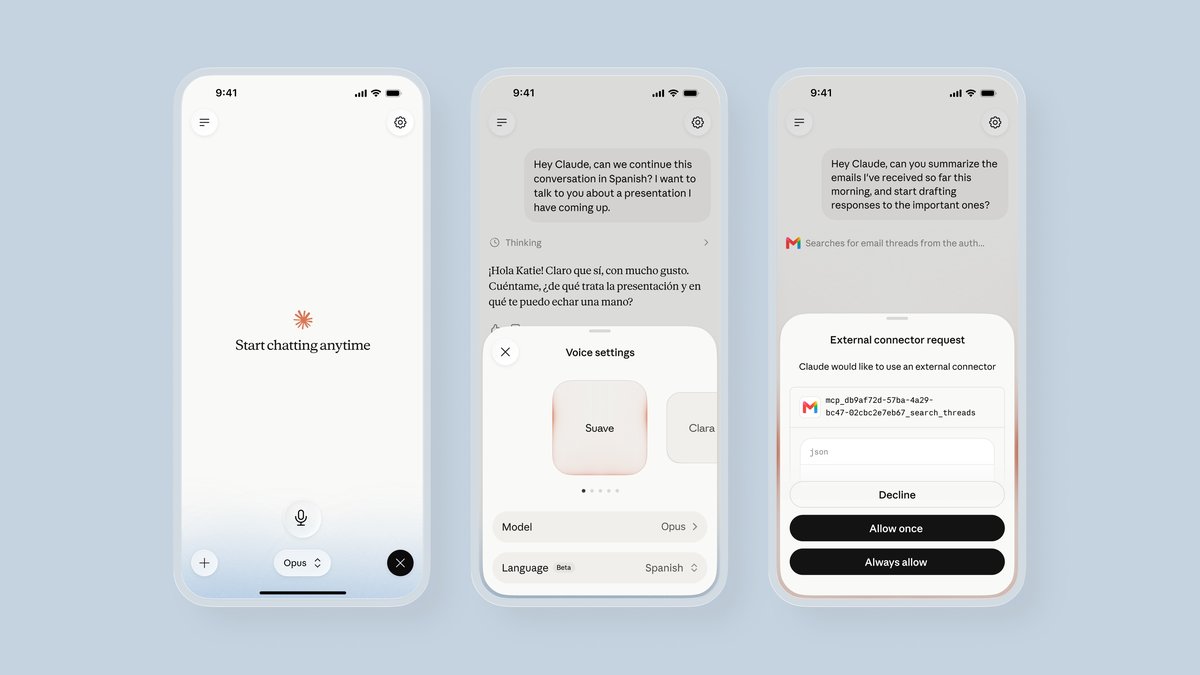 Claude app voice mode and skills connecting to external tools like Gmail