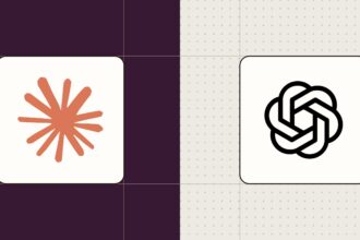 Comparison image showing Claude and ChatGPT AI productivity tools for business