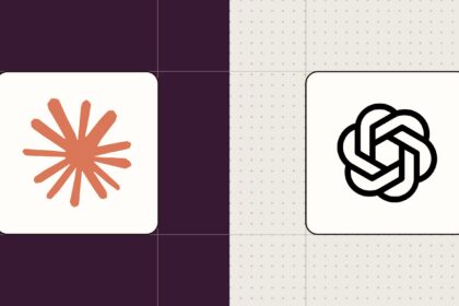 Comparison image showing Claude and ChatGPT AI productivity tools for business