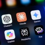 Smartphone folder with AI chatbot apps ChatGPT, Claude, Gemini, Copilot, Perplexity and Poe