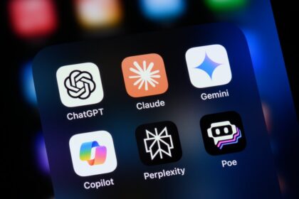 Smartphone folder with AI chatbot apps ChatGPT, Claude, Gemini, Copilot, Perplexity and Poe