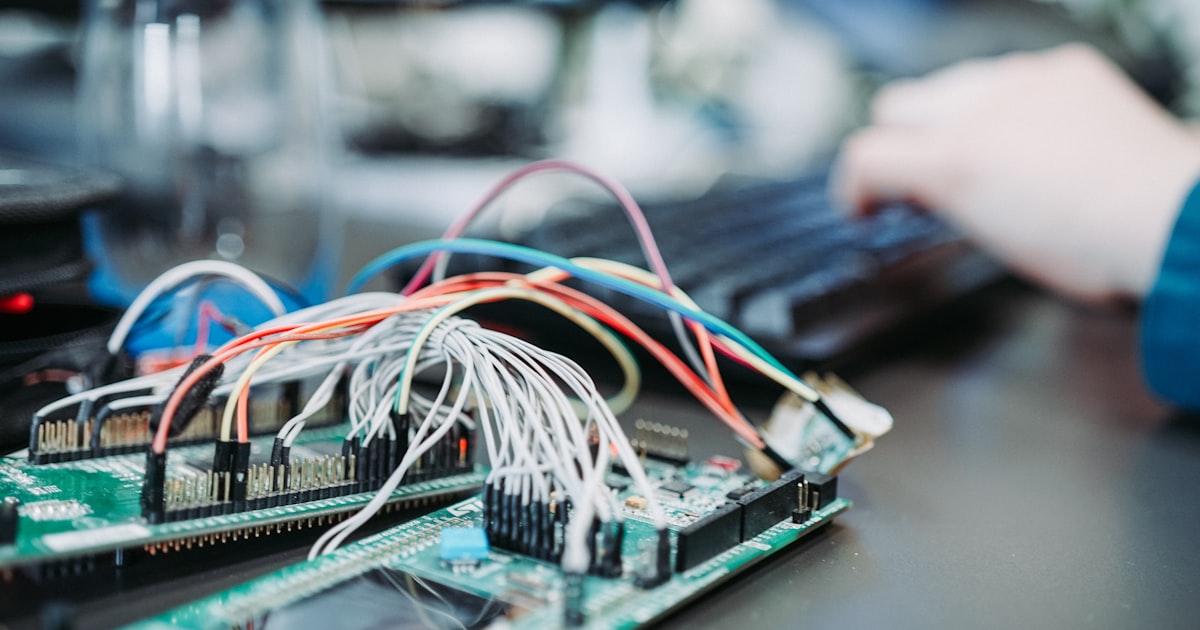 Electronic circuit board showing ESP32 microcontroller for edge AI and local LLM processing without cloud dependency