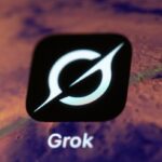 Grok app icon with white logo on a planetary-themed screen background