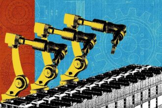 Robotic arm inside a data center aisle, automation theme