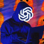 Hooded hacker figure with the OpenAI logo as a face, surrounded by panicked emoji faces on a blue and orange background
