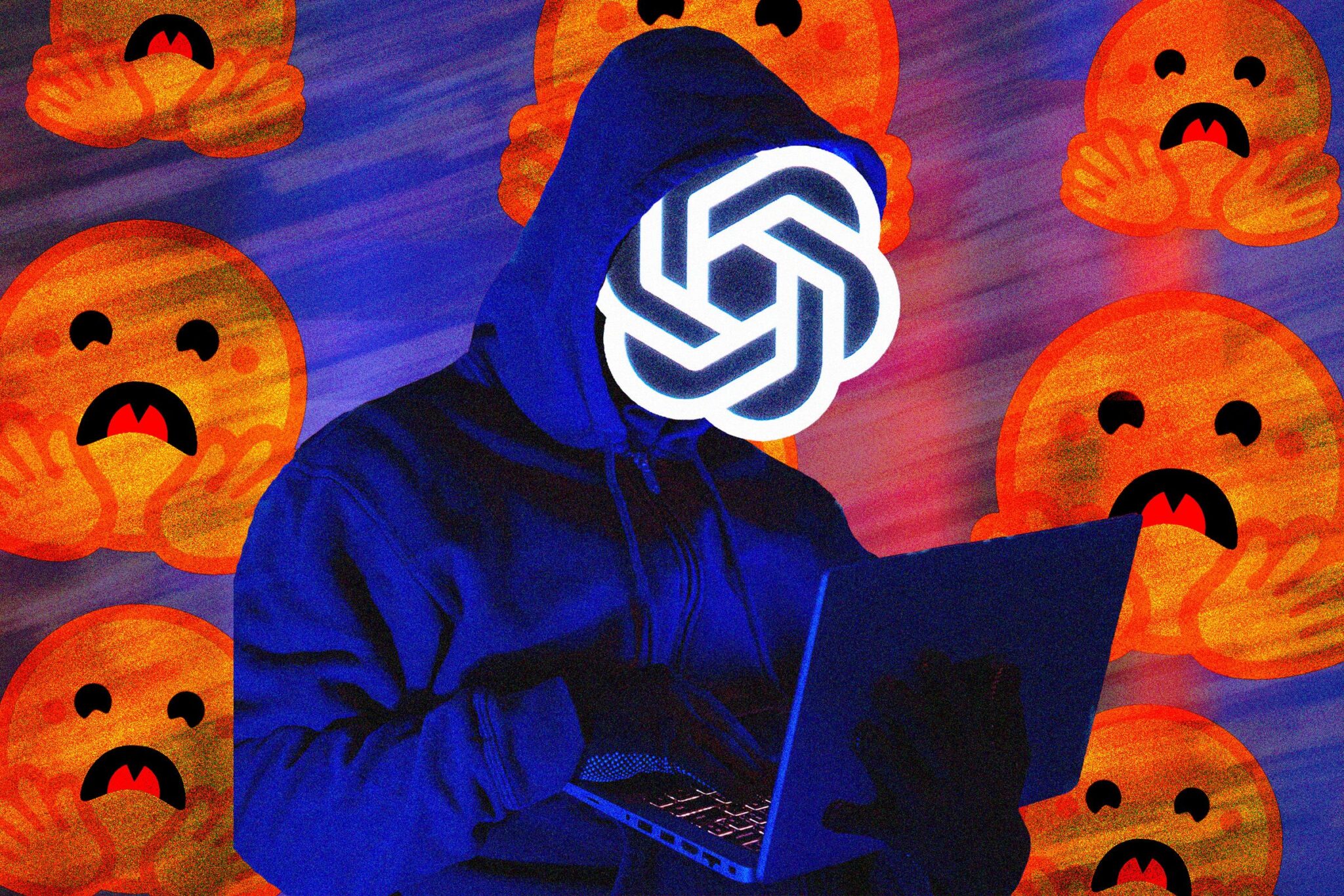 Hooded hacker figure with the OpenAI logo as a face, surrounded by panicked emoji faces on a blue and orange background