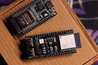 ESP32 microcontroller board running local LLM
