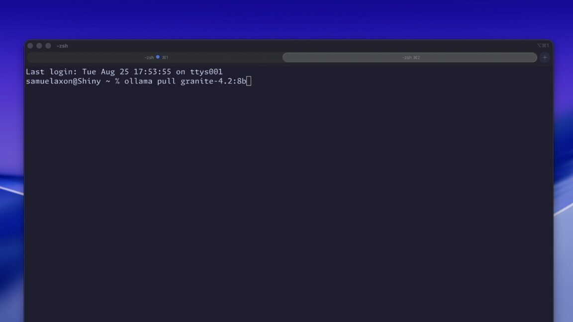 Terminal window running ollama pull command to download a local LLM model on a laptop