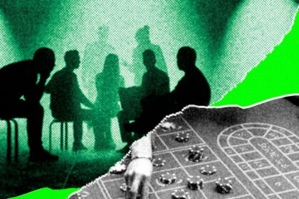 AI agents playing cards at a casino table under moody lighting
