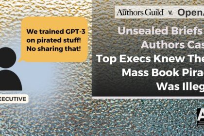 Graphic quoting an OpenAI executive on training with pirated books, from the Authors Guild