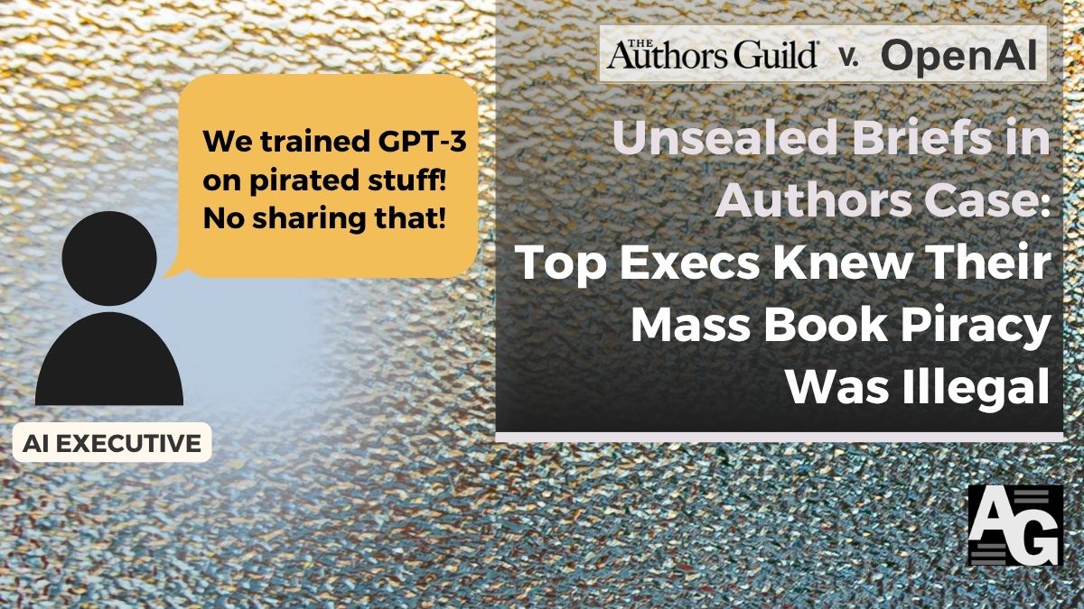 Graphic quoting an OpenAI executive on training with pirated books, from the Authors Guild