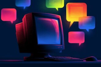 Retro illustration of a glowing computer screen with speech transcription waves around it