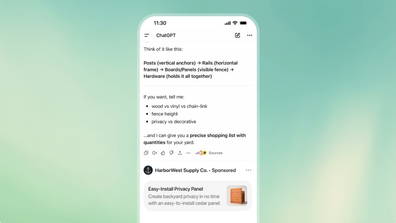 Smartphone showing ChatGPT ads rollout as Amazon joins as first big advertiser