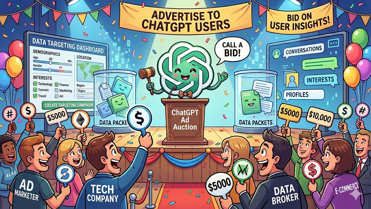 Illustration of a browser cookie linked to shopping, medical, and debt websites through an ad tracker
