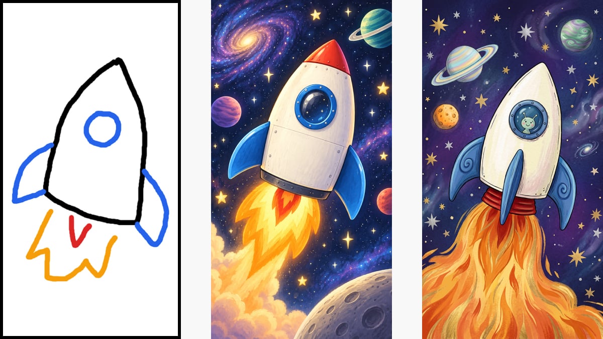 Side-by-side AI image test results showing food, sketch art, and a cabin scene from two chatbots
