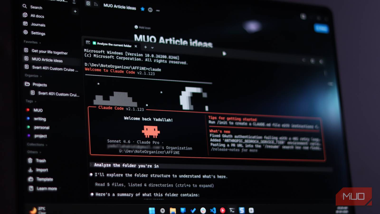 Claude Code terminal window connected to a notes app through an MCP server
