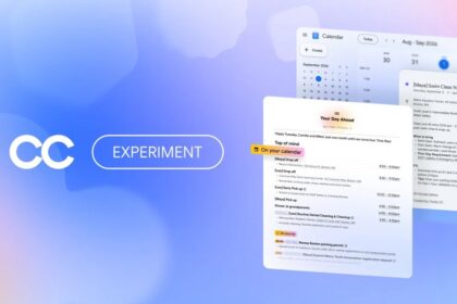 Google CC family AI agent interface on a laptop in a busy kitchen