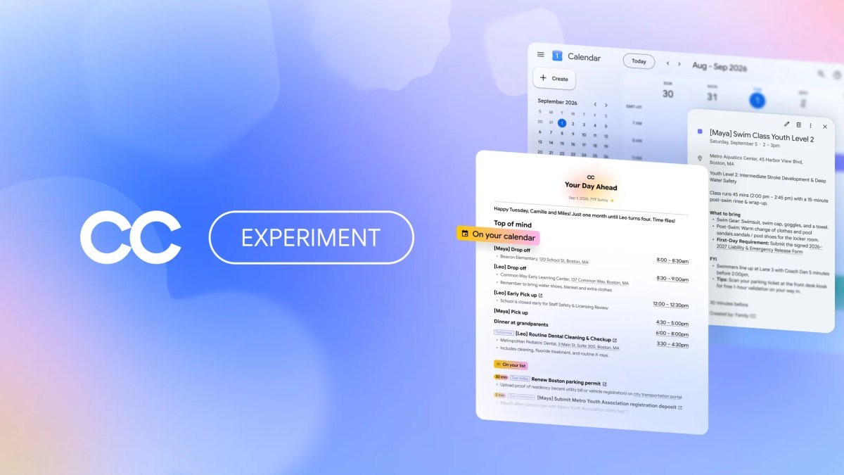 Google CC family AI agent interface on a laptop in a busy kitchen