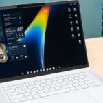 Googlebook laptop shown at Google's launch event with the Glowbar light strip