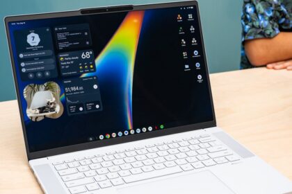 Googlebook laptop shown at Google's launch event with the Glowbar light strip