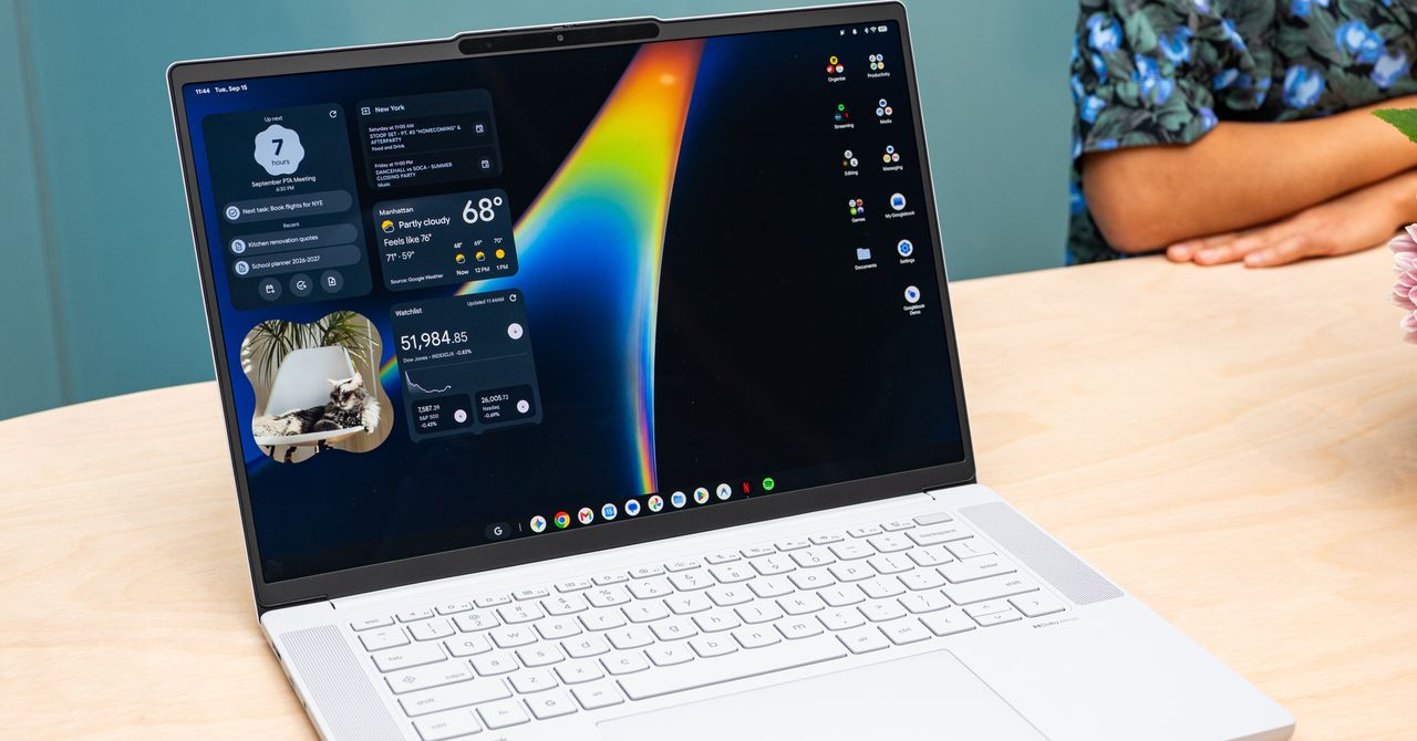 Googlebook laptop shown at Google's launch event with the Glowbar light strip