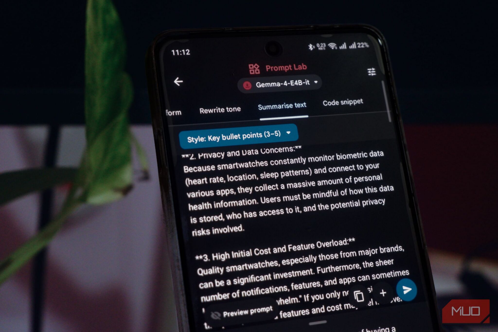 Android phone showing Google AI Edge Gallery running a local AI model offline