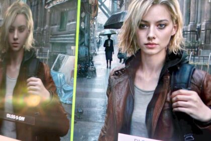 Split screen comparing a video game scene before and after DLSS 5 neural upscaling