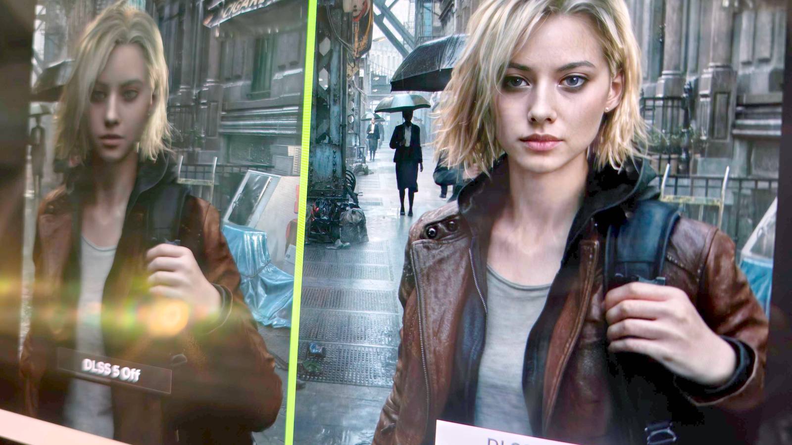 Split screen comparing a video game scene before and after DLSS 5 neural upscaling